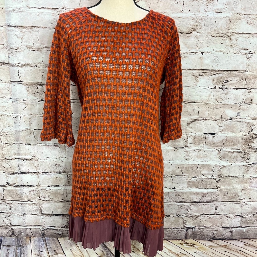 Women- Anthropologie a'reve Brown Tiered Waffle Knit Dress Ruffle Trim B…
